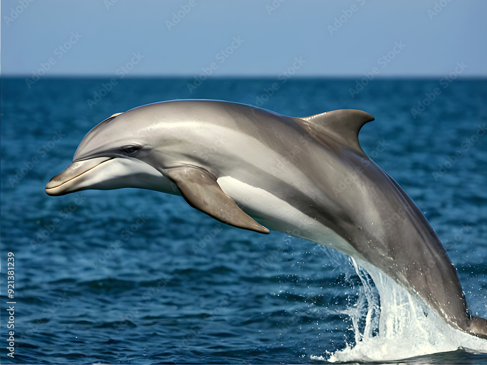 Cute dolphin jumping in the air out of ocean, marine world, animals and wildlife, nature background
