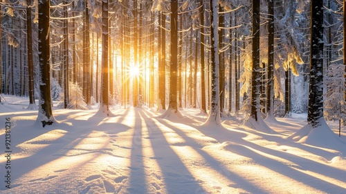 Snow-covered forest at sunrise with long shadows and golden light filtering through trees