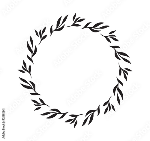 Hand drawn Floral spring wreath isolated white background. Silhouette circle of leaves frame. Doodle style. 