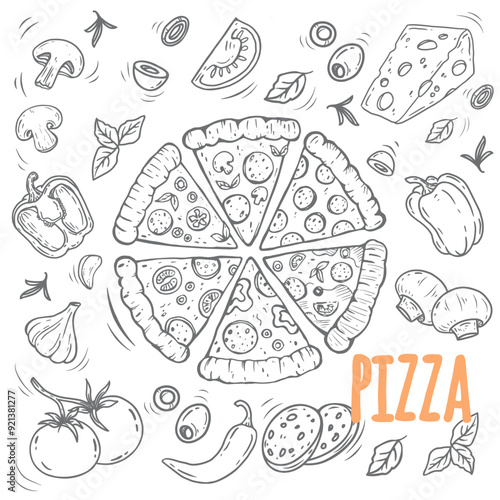 hand drawn vector set of pizza. Set of pizza ingredients in doodle style isolated. Design on white background for for menus, pizzerias, restaurants, banners, markets. Vector illustration