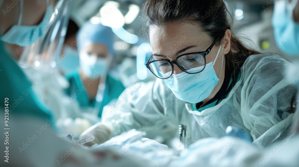 The image displays surgeons and medical staff working attentively in an operating room, equipped with modern surgical instruments and technologies, highlighting the intensity and precision of a medic The image displays surgeons and medical staff working attentively in an operating room, equipped with modern surgical instruments and technologies, highlighting the intensity and precision of a medic