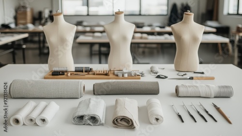 The image shows a fashion studio with fabric rolls, dress forms, sewing tools neatly arranged on a table, and a spacious setting, representing creativity in design and tailoring. photo