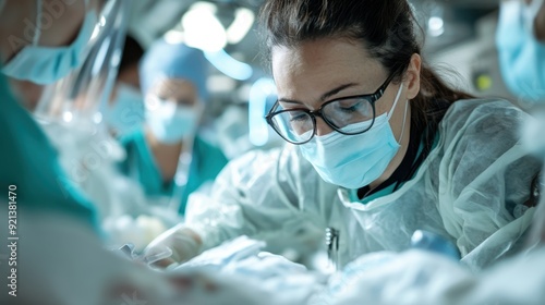 The image displays surgeons and medical staff working attentively in an operating room, equipped with modern surgical instruments and technologies, highlighting the intensity and precision of a medic