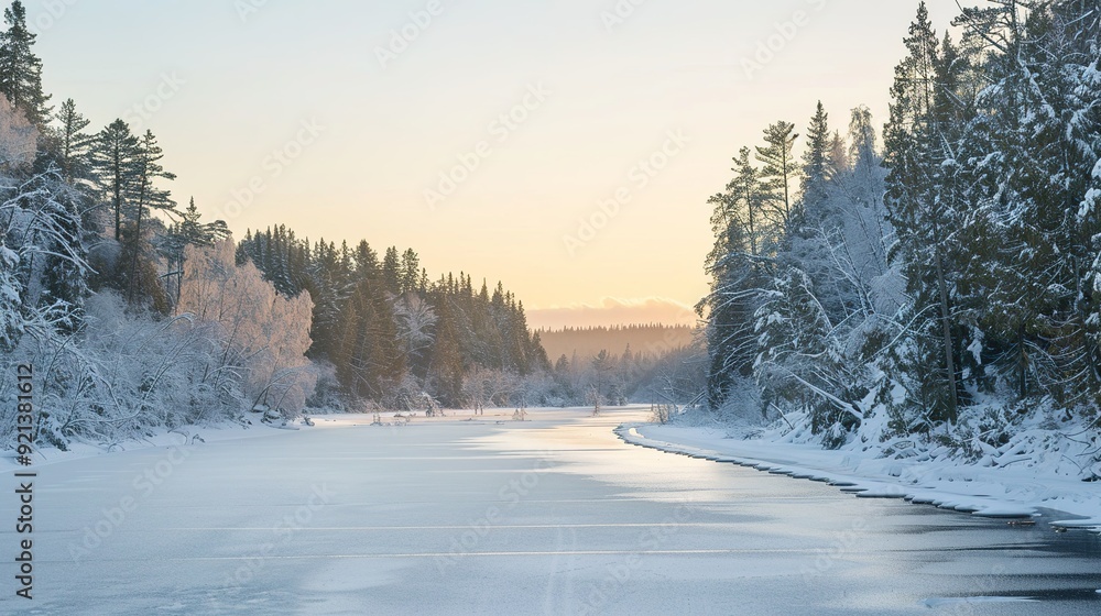 Winter river landscape at dusk with snow-covered trees and a serene atmosphere in a remote wilderness Winter river landscape at dusk with snow-covered trees and a serene atmosphere in a remote wilderness