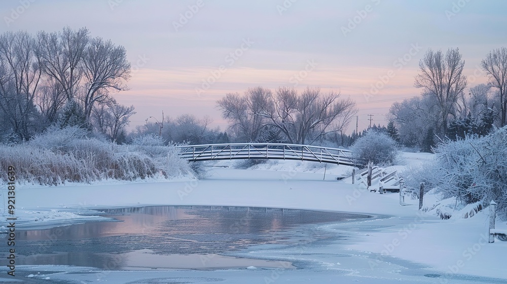 Snow-covered bridge over a frozen river at dawn in a tranquil winter landscape Snow-covered bridge over a frozen river at dawn in a tranquil winter landscape