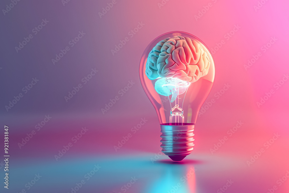 A light bulb with a pink brain inside of it. Concept of intelligence and the importance of the brain in our lives A light bulb with a pink brain inside of it. Concept of intelligence and the importance of the brain in our lives