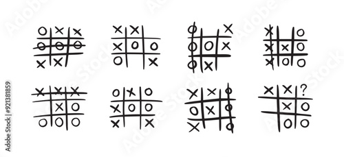 Hand drawn tic tac toe game, doodle X-O children game. Noughts and win. Play tictactoe draw.