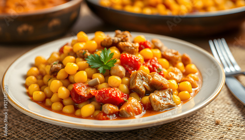 Khoresh Gheymeh yellow split peas, saffron, tomato paste, diced meat, and sun-dried lime are the main ingredients of this delicious stew closeup on a plate on the table. Horizontal isolated with whi