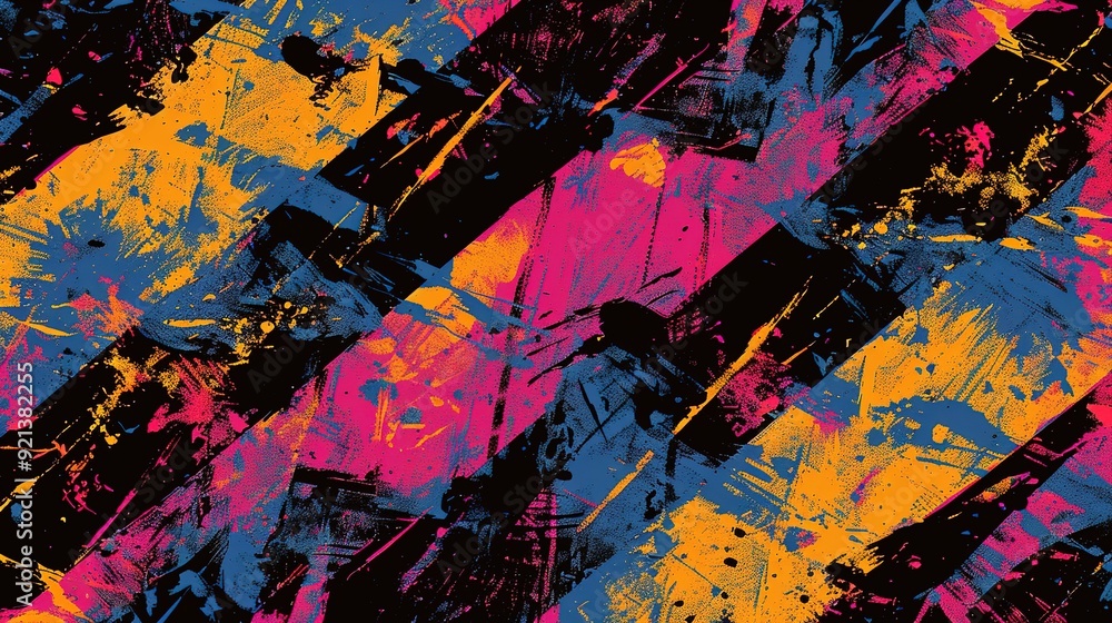 Fototapeta premium Vibrant abstract painting with bold strokes in pink, yellow, and blue colors on a black background