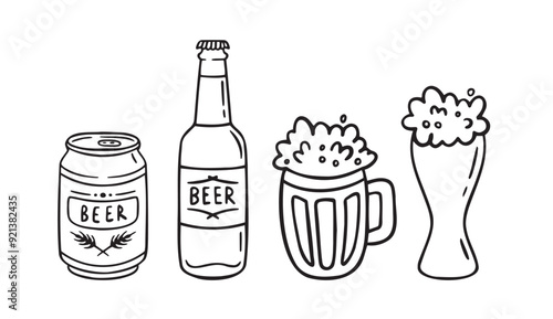Doodle simple beer mug or cup outline simple style. Hand drawn icon. Bottle of beer, mug of beer