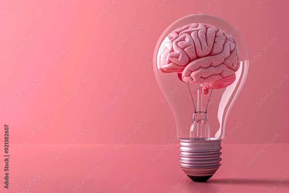 A light bulb with a pink brain inside of it. Concept of intelligence and the importance of the brain in our lives A light bulb with a pink brain inside of it. Concept of intelligence and the importance of the brain in our lives