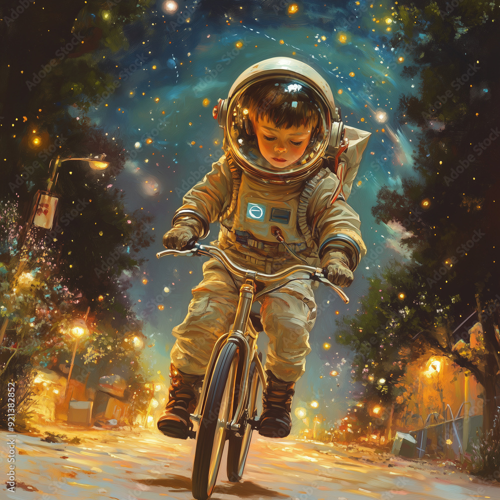 Fototapeta premium A young boy in a spacesuit is riding a bicycle down a street. The image has a whimsical and playful mood, as the boy is dressed in a space suit and riding a bike, which is not a typical scene