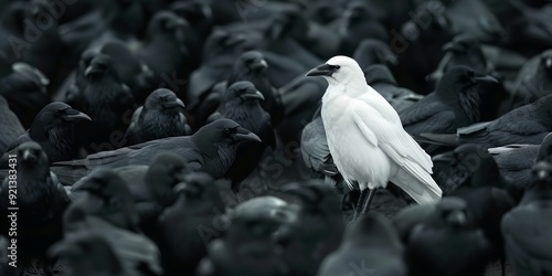 A flock of black birds are standing in a field with a white bird standing in the middle. The black birds are all facing the same direction, while the white bird is facing the opposite direction
