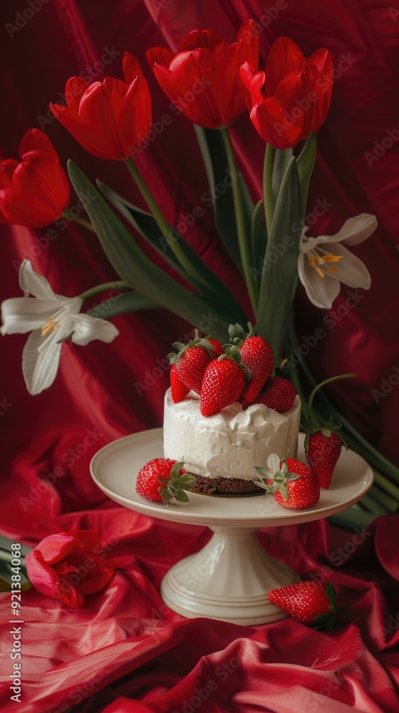 white cake with fresh strawberries. red tulips in vases and scattered on the table. vibrant and elegant. space for text white cake with fresh strawberries. red tulips in vases and scattered on the table. vibrant and elegant. space for text