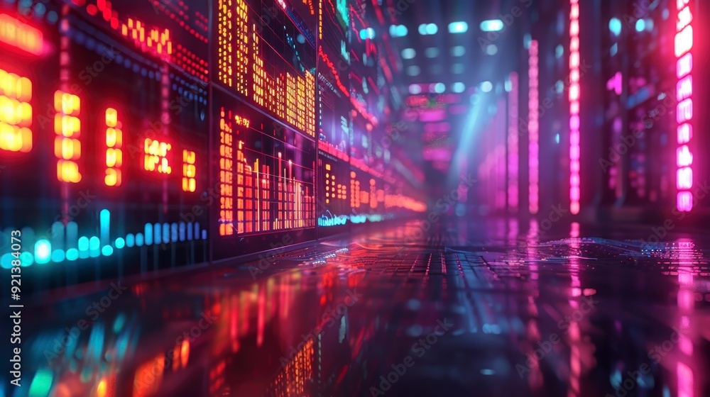 Financial stock market chart illuminated with neon lights, highlighting market trends and data analysis. Financial stock market chart illuminated with neon lights, highlighting market trends and data analysis.