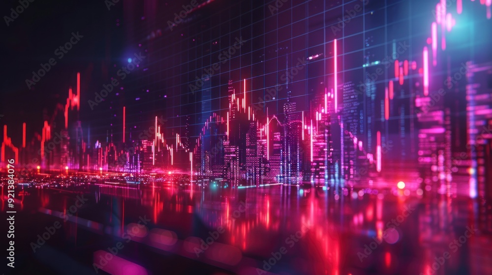 Financial stock market chart illuminated with neon lights, highlighting market trends and data analysis. Financial stock market chart illuminated with neon lights, highlighting market trends and data analysis.