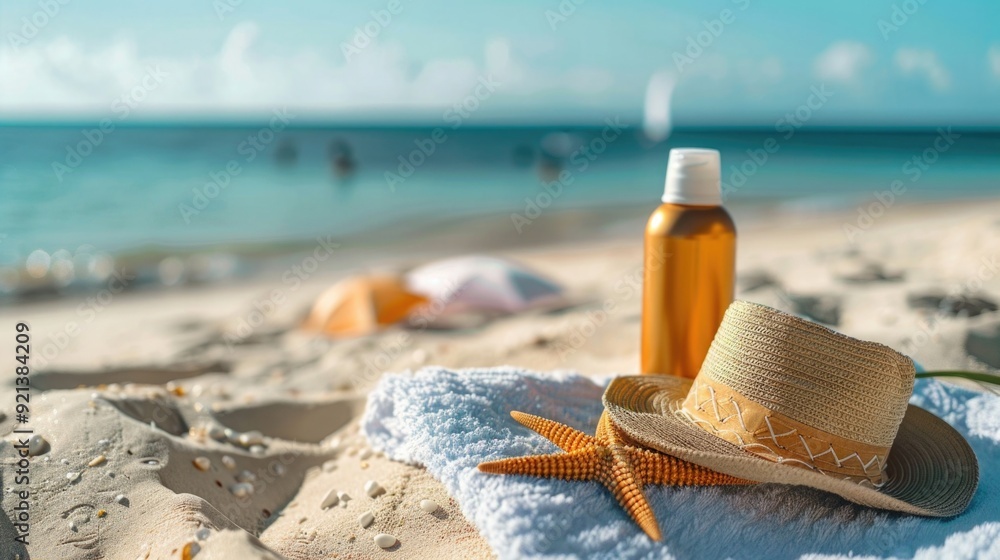 Sunscreen bottle, straw hat, and starfish near the sea or ocean. tourism, summer vacation and sun protection Sunscreen bottle, straw hat, and starfish near the sea or ocean. tourism, summer vacation and sun protection