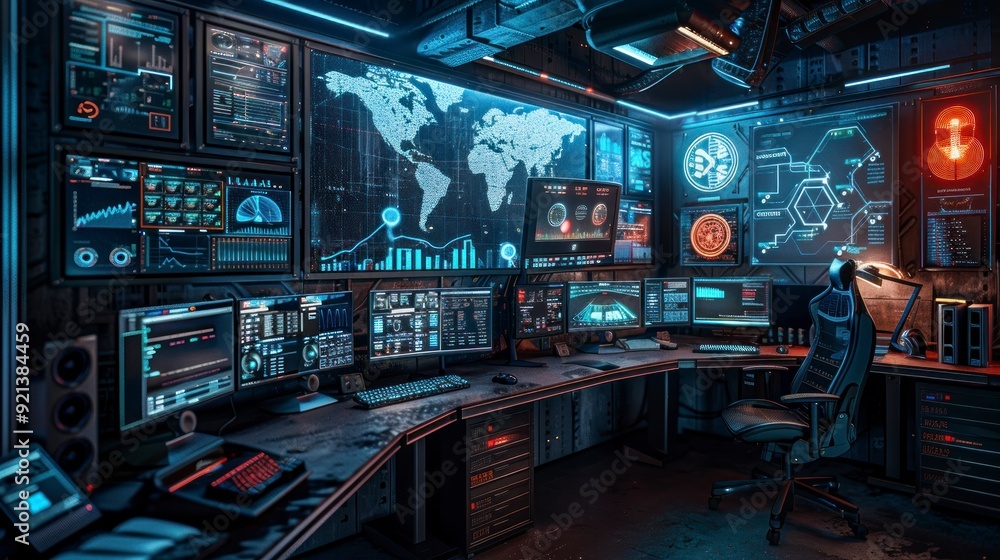 Fototapeta premium Modern workspace with multiple screens, representing digital productivity and multitasking.