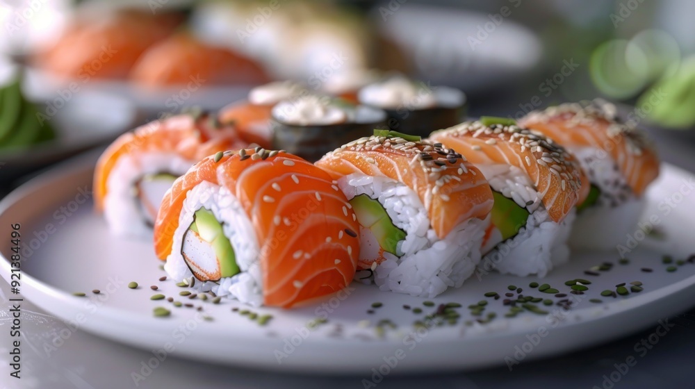 Various sushi dishes on a white plate, showcasing culinary art and Japanese cuisine. Various sushi dishes on a white plate, showcasing culinary art and Japanese cuisine.
