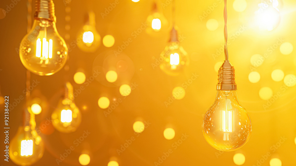 A row of light bulbs hanging from a yellow background. The bulbs are all lit up, creating a warm and inviting atmosphere. The yellow background adds a sense of brightness and energy to the scene A row of light bulbs hanging from a yellow background. The bulbs are all lit up, creating a warm and inviting atmosphere. The yellow background adds a sense of brightness and energy to the scene