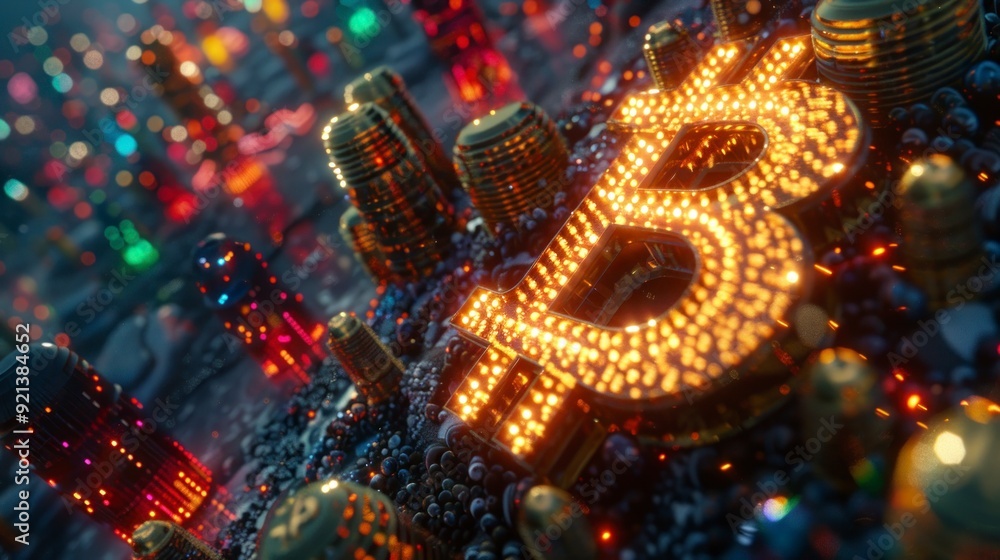 Golden Bitcoin symbol surrounded by colorful lights, representing the vibrant and dynamic nature of cryptocurrency. Golden Bitcoin symbol surrounded by colorful lights, representing the vibrant and dynamic nature of cryptocurrency.