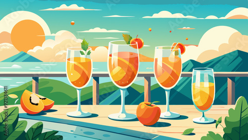 Refreshing summer peach cocktails on a terrace with mountain view