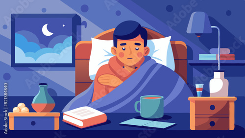 Sick Man Resting in Bed at Night with Hot Drink and Medicine Nearby