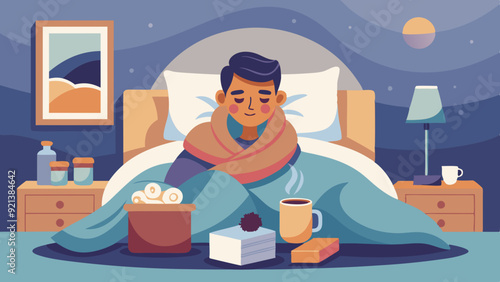 Man Recovering in Bed with Blanket and Tea at Night, Cozy Room Setting