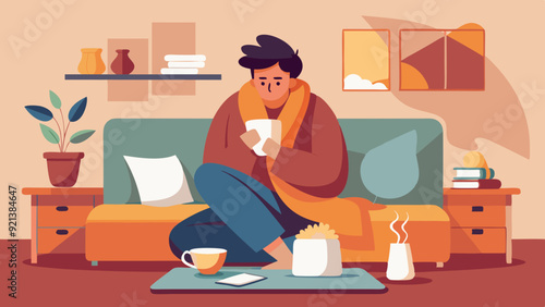 Sick Man Sitting on Couch with Tea and Blanket, Recovering in Cozy Home