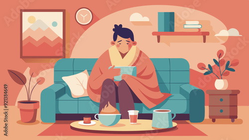 Unwell Woman Sitting on Couch with Blanket and Remedies, Cozy Indoor Recovery