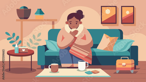 Ill Woman with Blanket and Hot Drink on Couch, Recovering in Warm Living Room