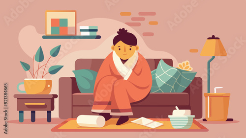 Sick Woman Wrapped in Blanket on Couch, Surrounded by Remedies in Cozy Living Room