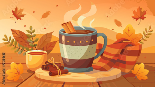 Cozy Autumn Scene with a Hot Drink, Falling Leaves, and a Warm Scarf on Wooden Surface
