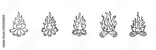 Doodle campfire for camp set. outline fire camping, hand drawn campfire for outdoor activities