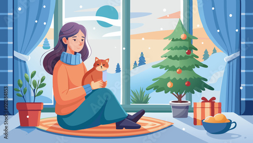 Woman with a cat by a Christmas tree on a snowy day