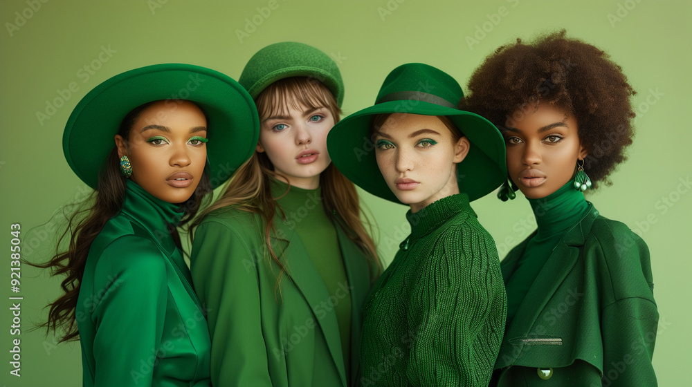 Four Women in Fashionable Green Outfits. A group of four women dressed in stylish green outfits, showcasing modern fashion and diversity in a minimal green background. Four Women in Fashionable Green Outfits. A group of four women dressed in stylish green outfits, showcasing modern fashion and diversity in a minimal green background.