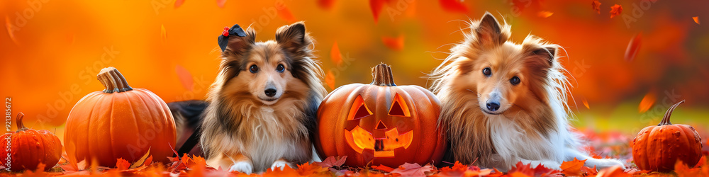 Naklejka premium Halloween cute Shetland Sheepdog Sheltie Collie puppy dog, carved jack-o'-lanterns, pumpkin, banner copy space horizontal