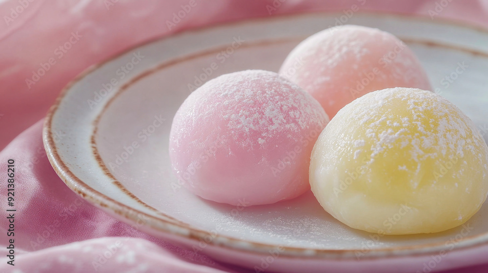 Three mochi ice cream balls on a plate, sprinkled with powdered sugar and waiting to be devoured Three mochi ice cream balls on a plate, sprinkled with powdered sugar and waiting to be devoured