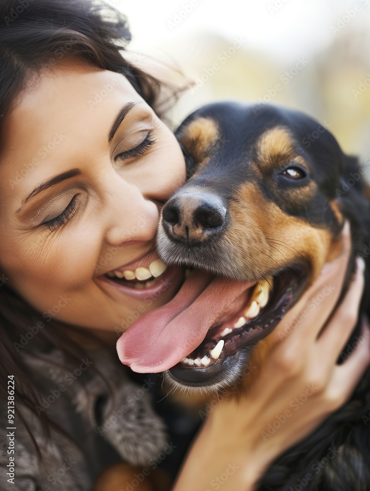 Woman joyfully interacts with her dog outdoors Woman joyfully interacts with her dog outdoors