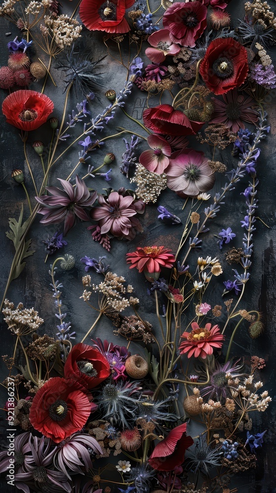 Fototapeta premium A colorful collection of flowers arranged meticulously against a deep backdrop, showcasing their natural beauty and textures