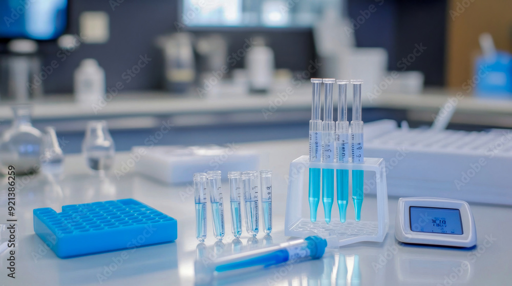Assorted test tubes filled with blue liquid are organized on a lab bench next to various scientific tools Assorted test tubes filled with blue liquid are organized on a lab bench next to various scientific tools