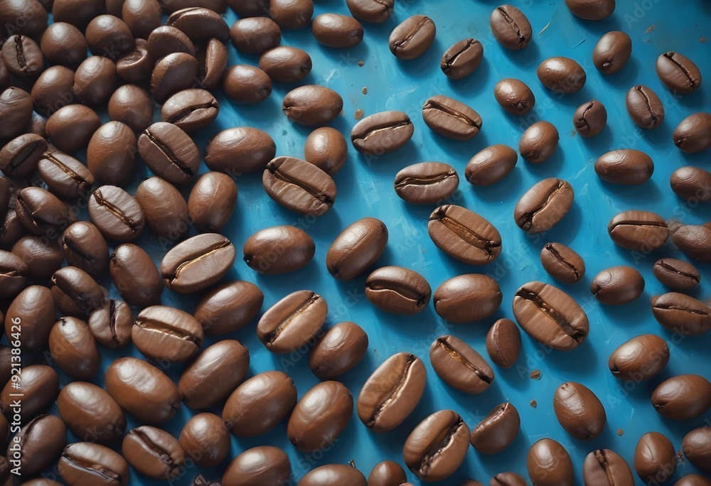 Close-up of scattered coffee beans column falling onto a perfectly arranged bed of roasted coffee beans, revealing textures and shapes Close-up of scattered coffee beans column falling onto a perfectly arranged bed of roasted coffee beans, revealing textures and shapes