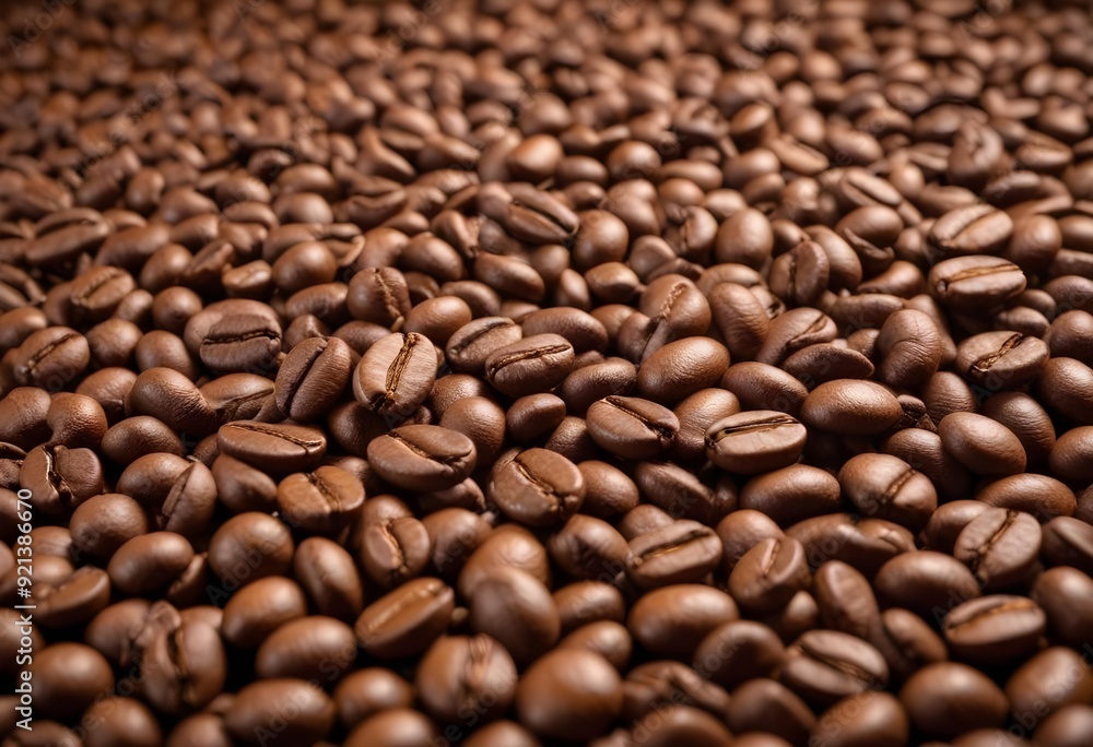 Close-up of scattered coffee beans column falling onto a perfectly arranged bed of roasted coffee beans, revealing textures and shapes Close-up of scattered coffee beans column falling onto a perfectly arranged bed of roasted coffee beans, revealing textures and shapes