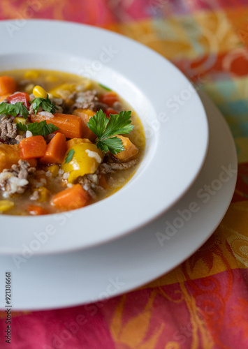 Close-up view of a traditional Chilean carbonada dish, showcasing chunks of beef, potatoes, carrots, corn, and pumpkin in a hearty stew.