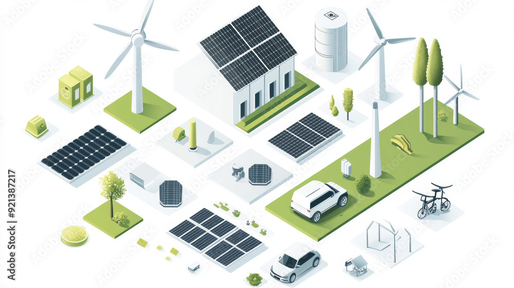 Alternative energy sources like windmills, solar panels, and electric vehicles are shown in this image. These green energy sources are depicted in an isometric style on a white background. Alternative energy sources like windmills, solar panels, and electric vehicles are shown in this image. These green energy sources are depicted in an isometric style on a white background.