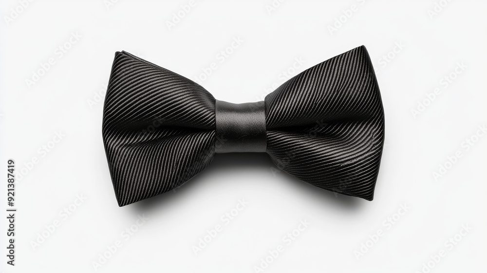 A black bow tie is placed on a white background. A black bow tie is placed on a white background.