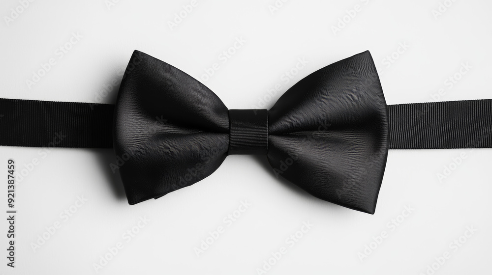 A black bow tie is placed on a white background. A black bow tie is placed on a white background.