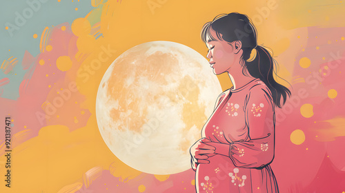 illustration of a moon and a pregnant woman future mom holding her belly. photo