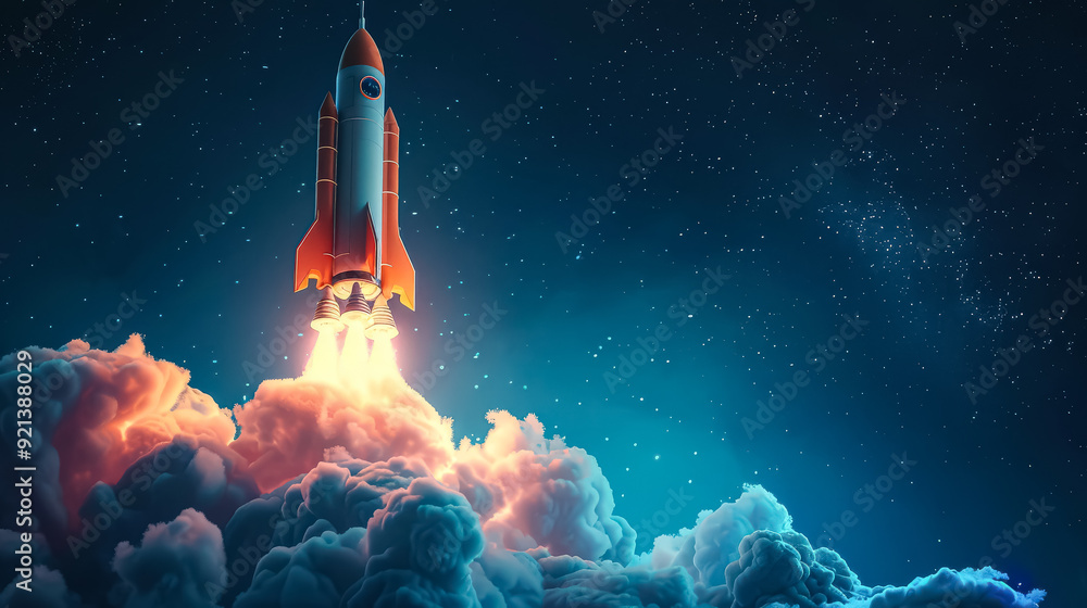 Fototapeta premium A rocket is flying through the sky with a bright light trailing it. The image has a sense of wonder and excitement, as if the viewer is witnessing a moment of great achievement or adventure
