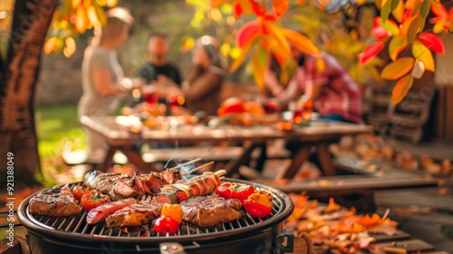 Fototapeta Naklejka Na Ścianę i Meble -  Outdoor autumn barbecue with grilled meat and vegetables. Concept of outdoor cooking, grilling, social gathering, and seasonal fall activities